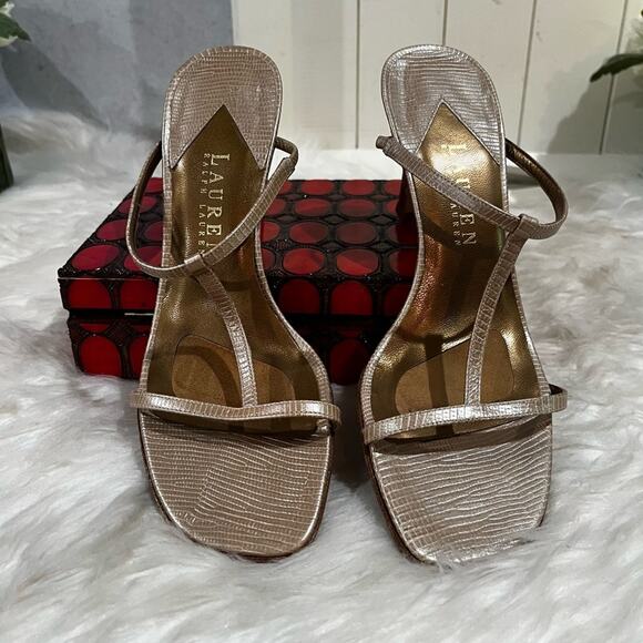 LRL Ralph Lauren Leather T-Strap Metallic High Heel Snakeskin Slides Sandals 5.5 - Picture 7 of 13